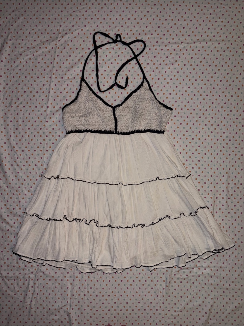 American Eagle White Black Crochet Halter Tiered Mini Dress L